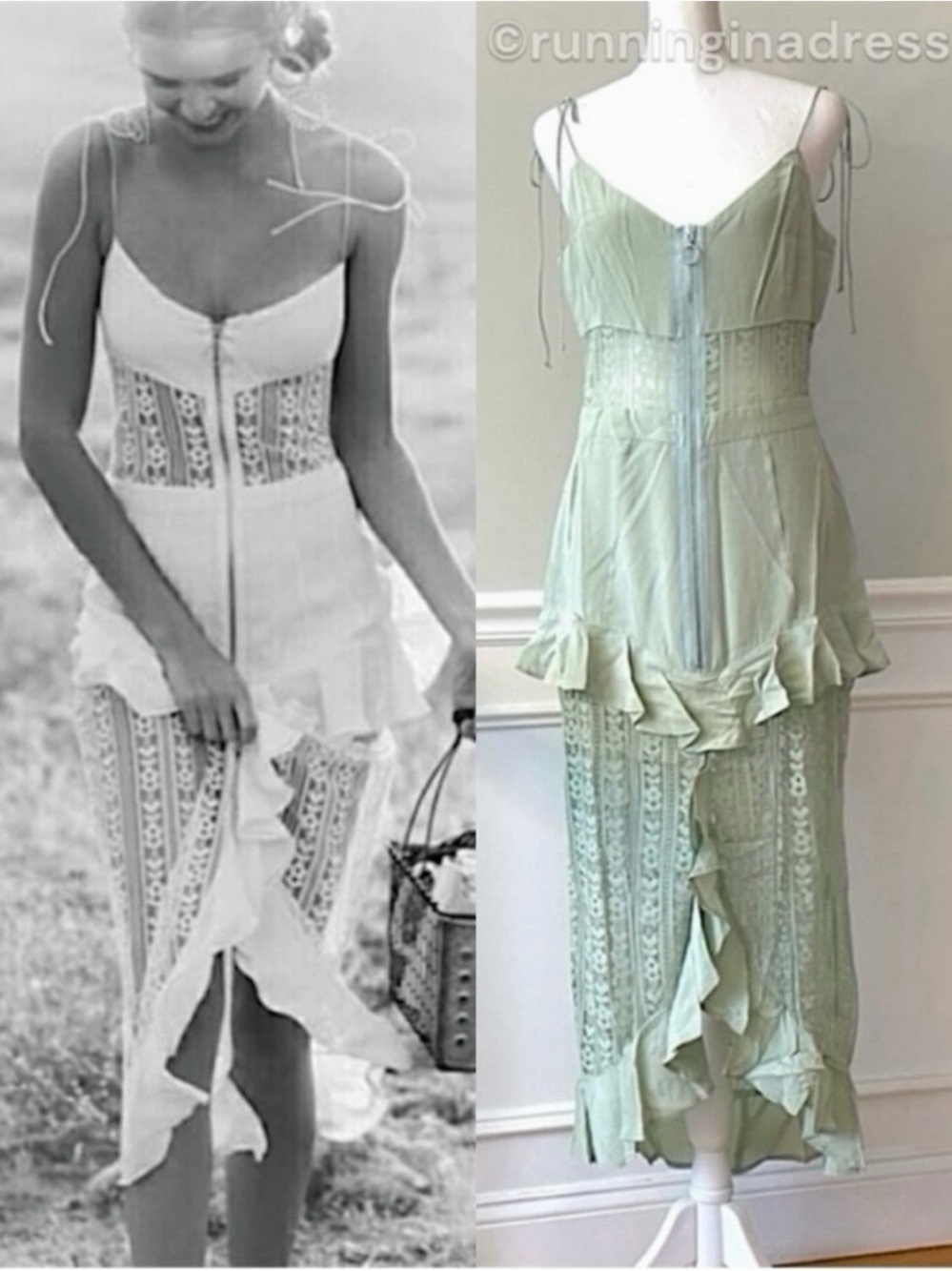 NWT For Love & Lemons Lovebird Lace Ruffle Midi Dress Green Medium Revolve Lace